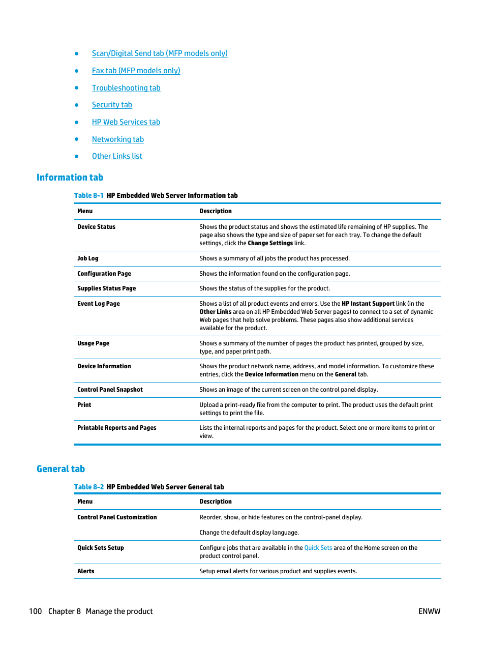 Information tab, General tab, Information tab general tab | HP Color LaserJet Enterprise Multifunction M680 Printer series User Manual | Page 112 / 198