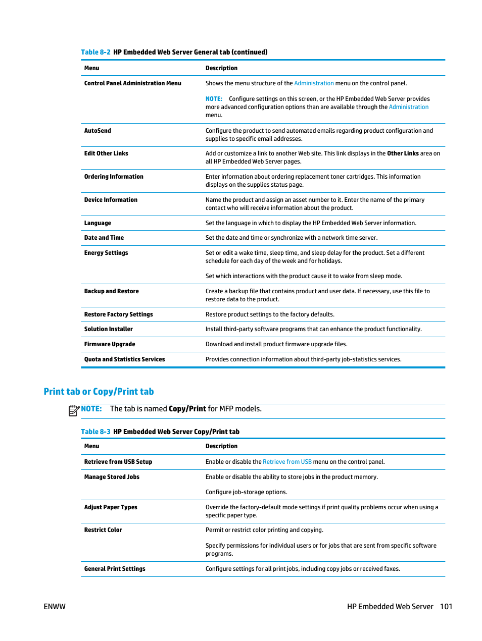 Print tab or copy/print tab, Enww hp embedded web server 101 | HP Color LaserJet Enterprise Multifunction M680 Printer series User Manual | Page 113 / 198