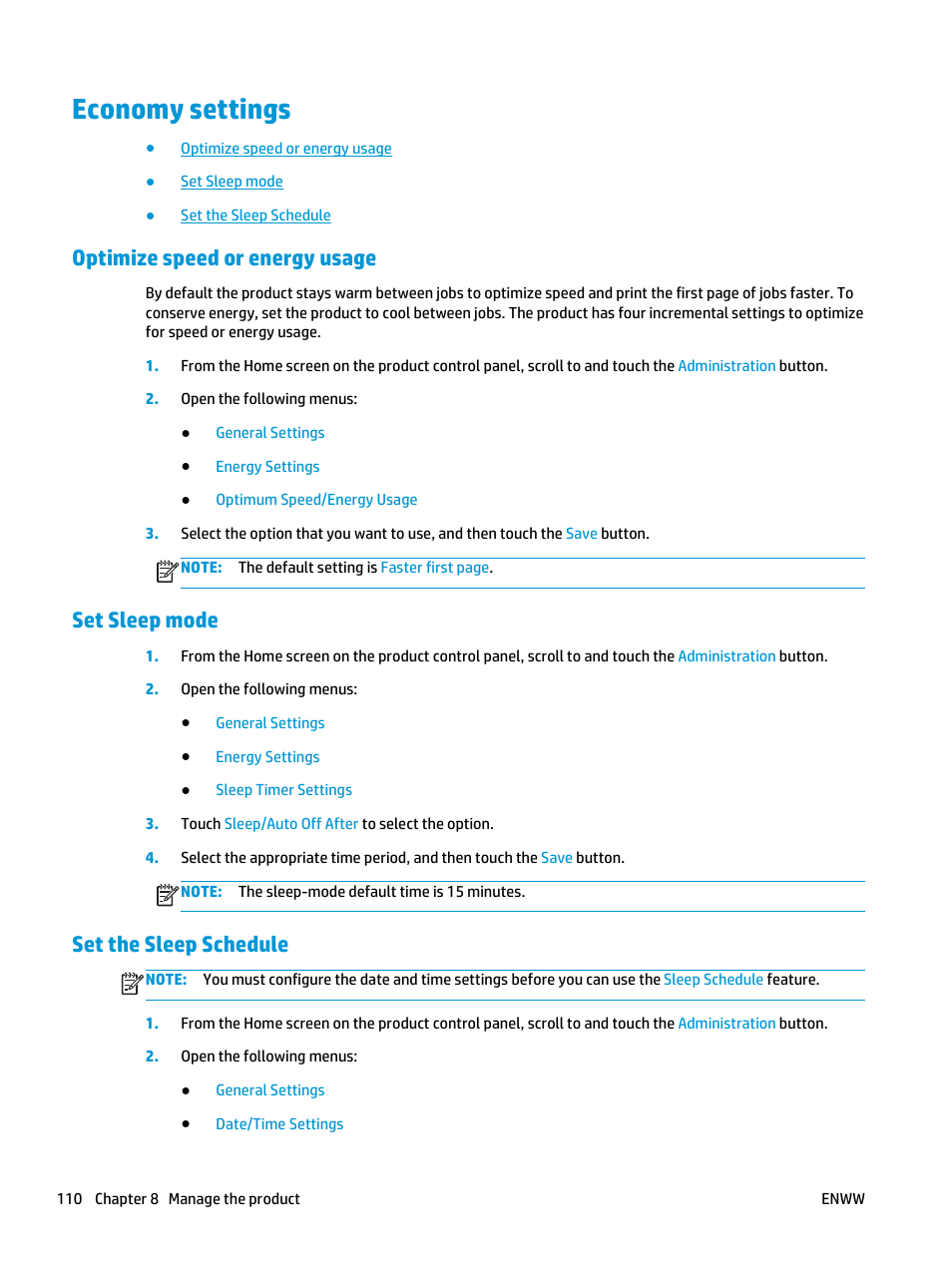 Economy settings, Optimize speed or energy usage, Set sleep mode | Set the sleep schedule | HP Color LaserJet Enterprise Multifunction M680 Printer series User Manual | Page 122 / 198