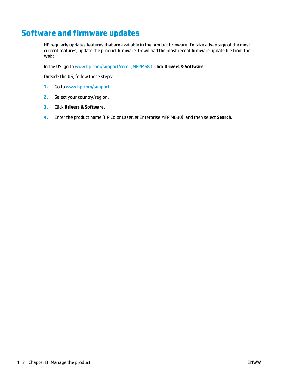 Software and firmware updates | HP Color LaserJet Enterprise Multifunction M680 Printer series User Manual | Page 124 / 198