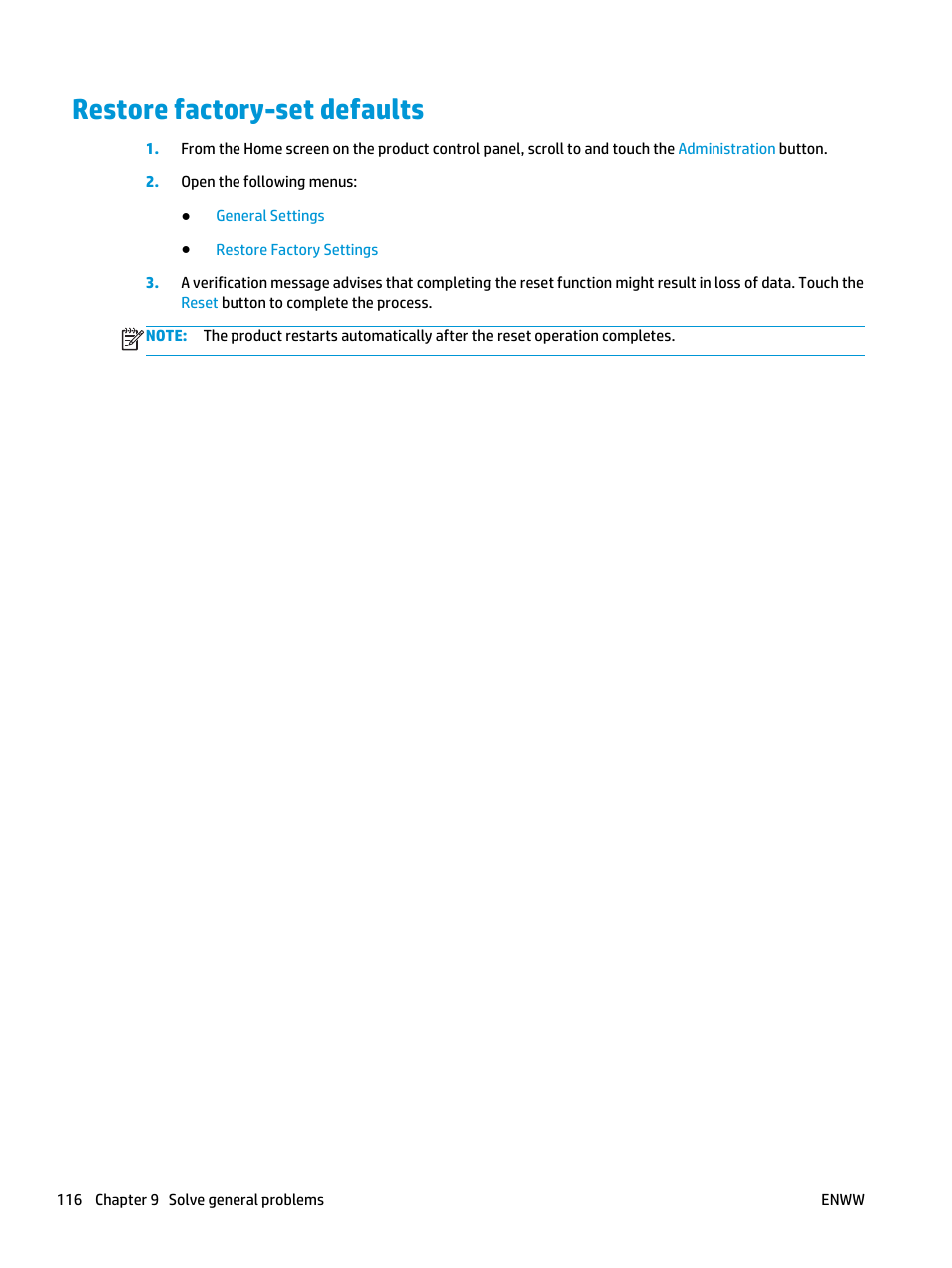 Restore factory-set defaults | HP Color LaserJet Enterprise Multifunction M680 Printer series User Manual | Page 128 / 198