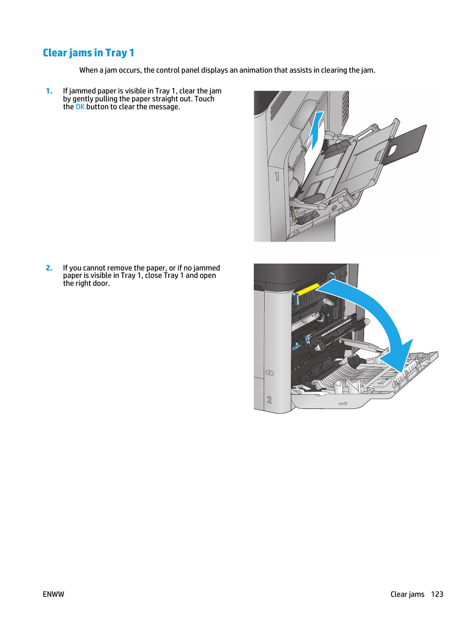 Clear jams in tray 1 | HP Color LaserJet Enterprise Multifunction M680 Printer series User Manual | Page 135 / 198