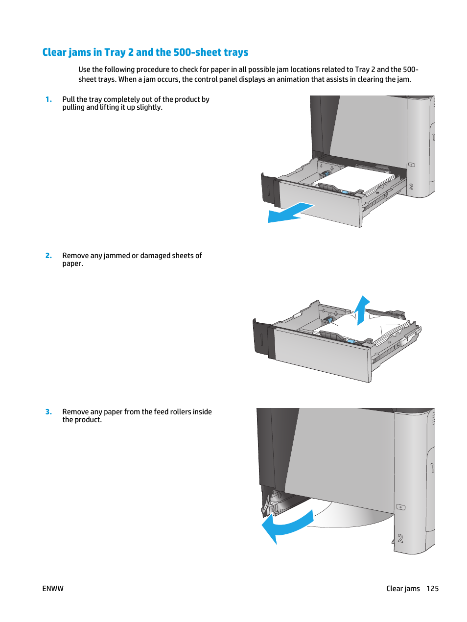 Clear jams in tray 2 and the 500-sheet trays | HP Color LaserJet Enterprise Multifunction M680 Printer series User Manual | Page 137 / 198