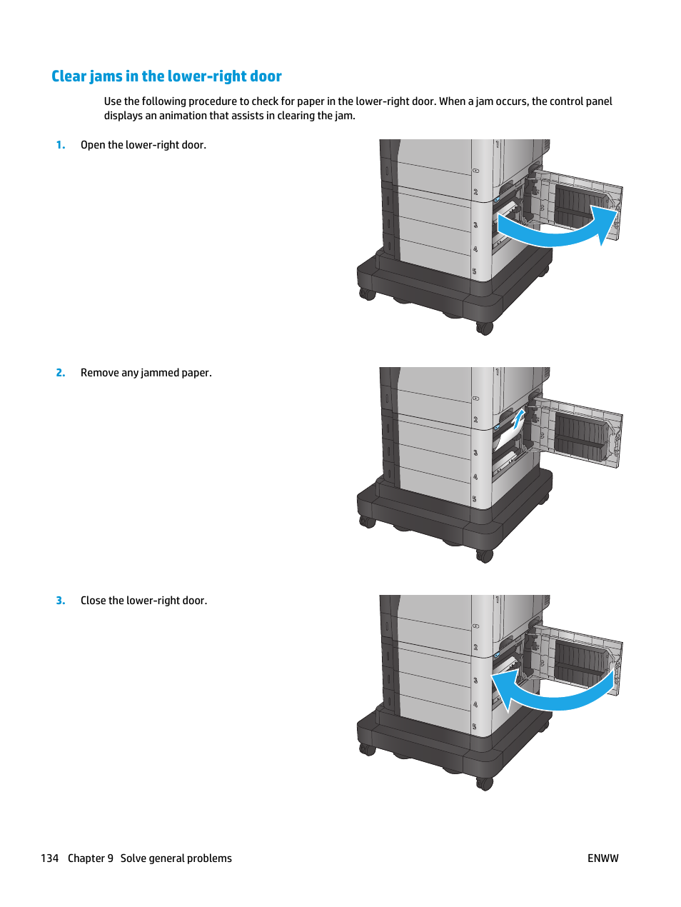 Clear jams in the lower-right door | HP Color LaserJet Enterprise Multifunction M680 Printer series User Manual | Page 146 / 198