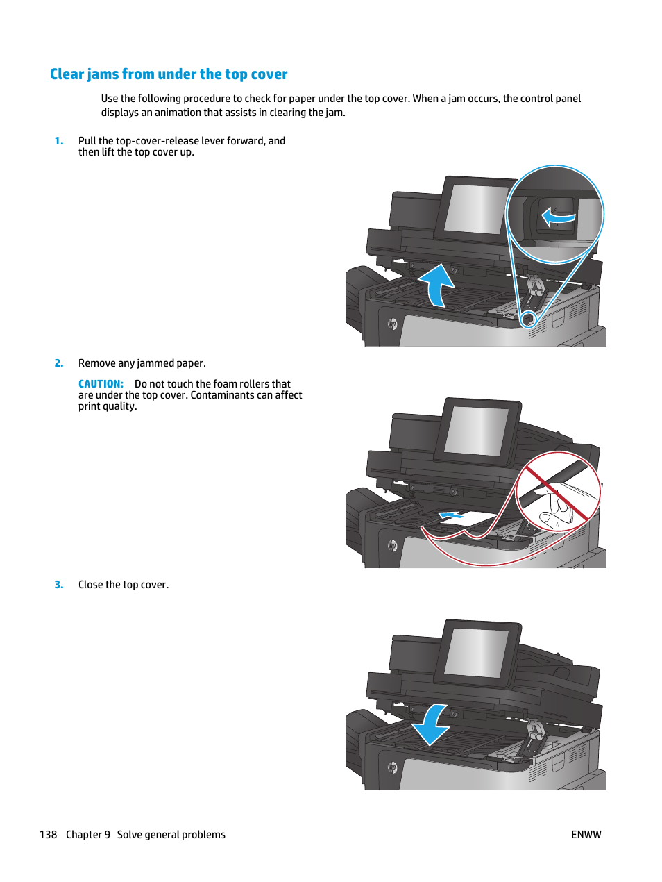 Clear jams from under the top cover | HP Color LaserJet Enterprise Multifunction M680 Printer series User Manual | Page 150 / 198