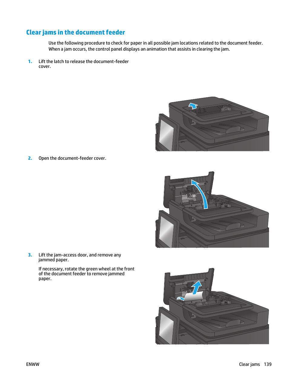 Clear jams in the document feeder | HP Color LaserJet Enterprise Multifunction M680 Printer series User Manual | Page 151 / 198