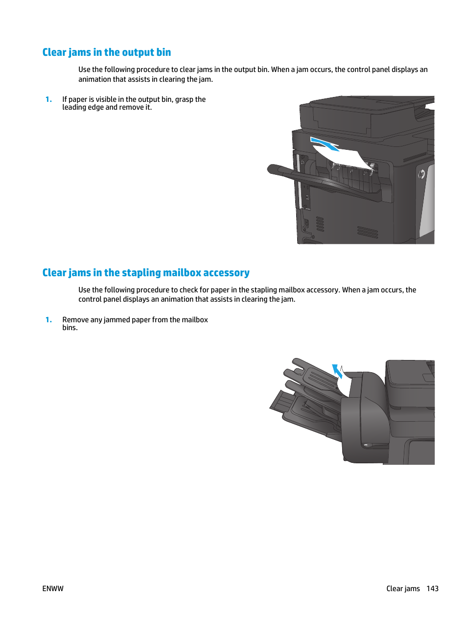 Clear jams in the output bin, Clear jams in the stapling mailbox accessory | HP Color LaserJet Enterprise Multifunction M680 Printer series User Manual | Page 155 / 198