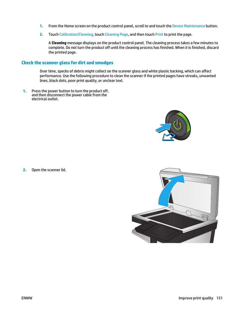 Check the scanner glass for dirt and smudges | HP Color LaserJet Enterprise Multifunction M680 Printer series User Manual | Page 163 / 198