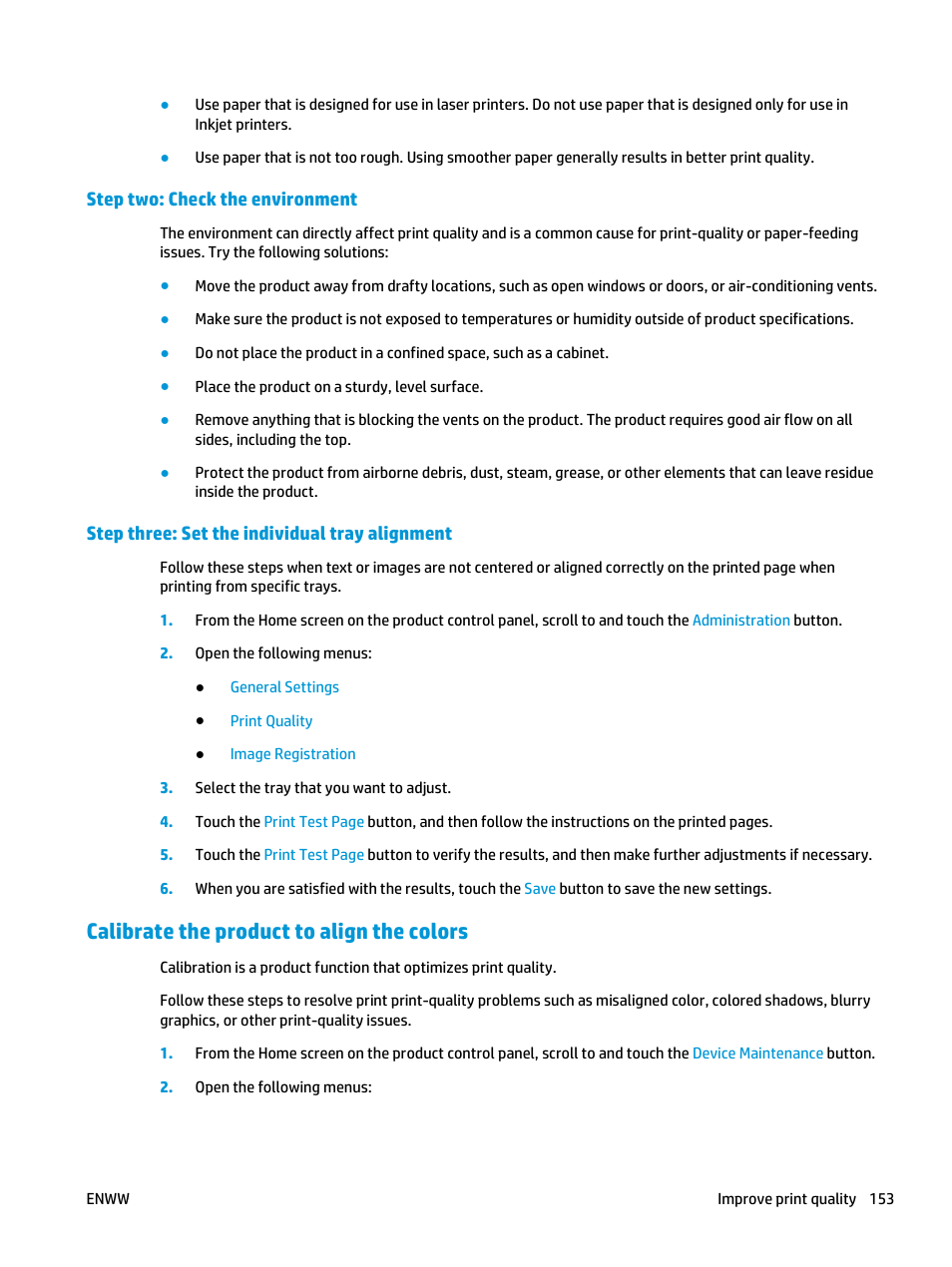 Step two: check the environment, Step three: set the individual tray alignment, Calibrate the product to align the colors | HP Color LaserJet Enterprise Multifunction M680 Printer series User Manual | Page 165 / 198