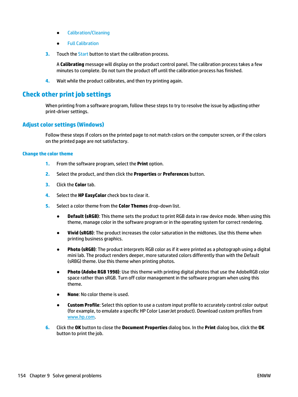 Check other print job settings, Adjust color settings (windows) | HP Color LaserJet Enterprise Multifunction M680 Printer series User Manual | Page 166 / 198