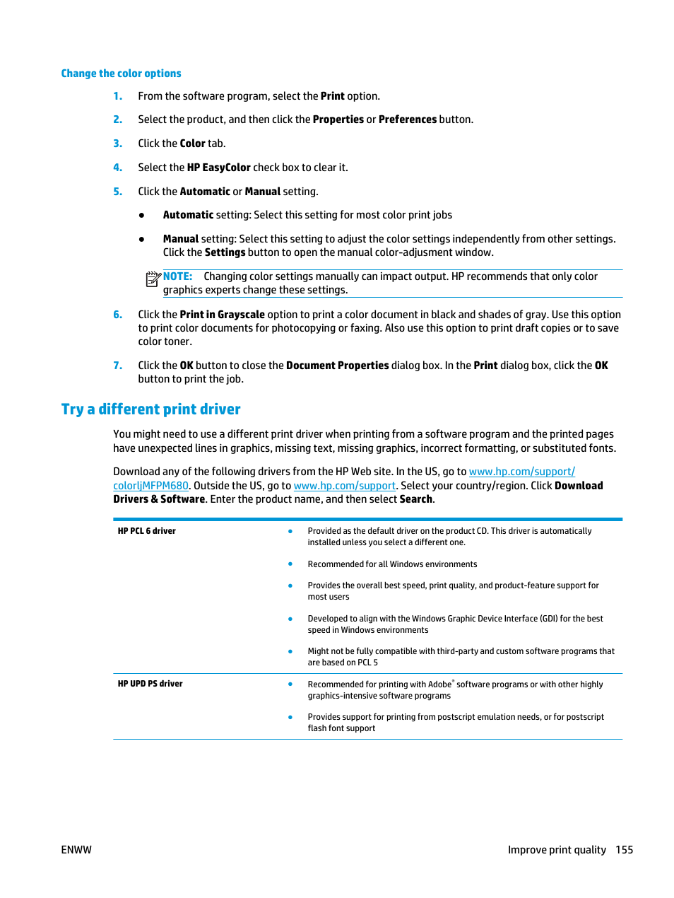 Try a different print driver | HP Color LaserJet Enterprise Multifunction M680 Printer series User Manual | Page 167 / 198