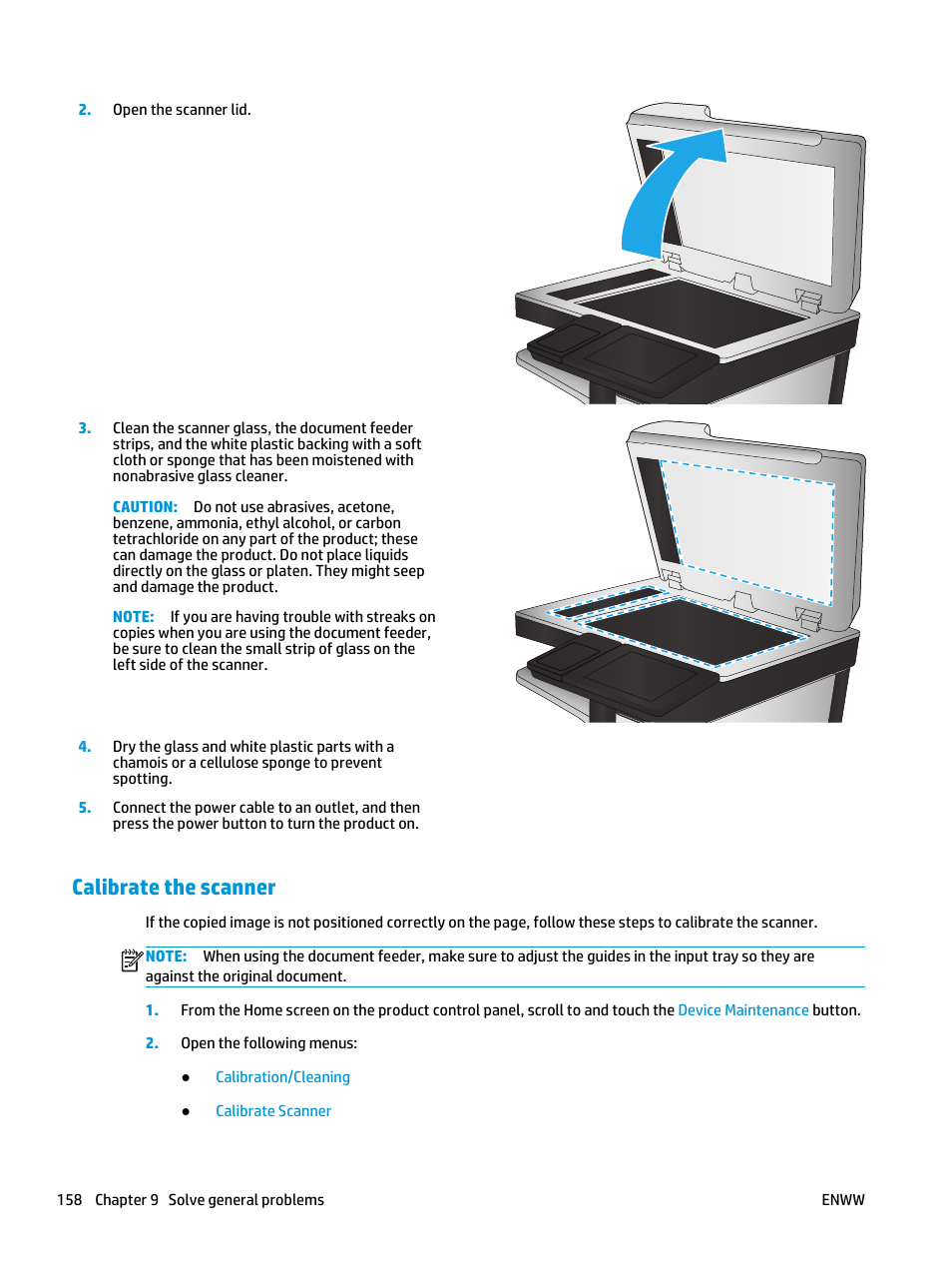 Calibrate the scanner | HP Color LaserJet Enterprise Multifunction M680 Printer series User Manual | Page 170 / 198