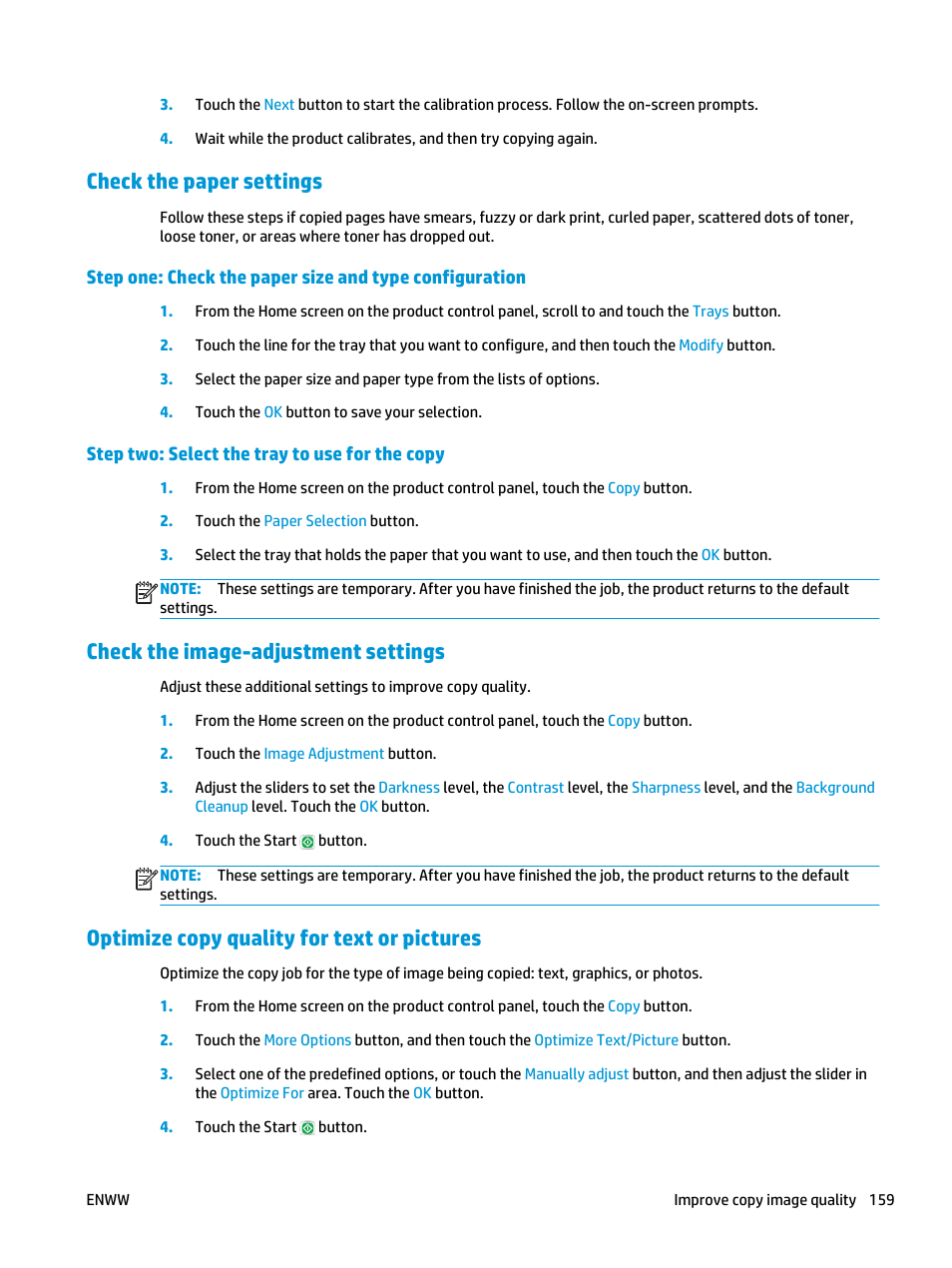 Check the paper settings, Step two: select the tray to use for the copy, Check the image-adjustment settings | Optimize copy quality for text or pictures | HP Color LaserJet Enterprise Multifunction M680 Printer series User Manual | Page 171 / 198