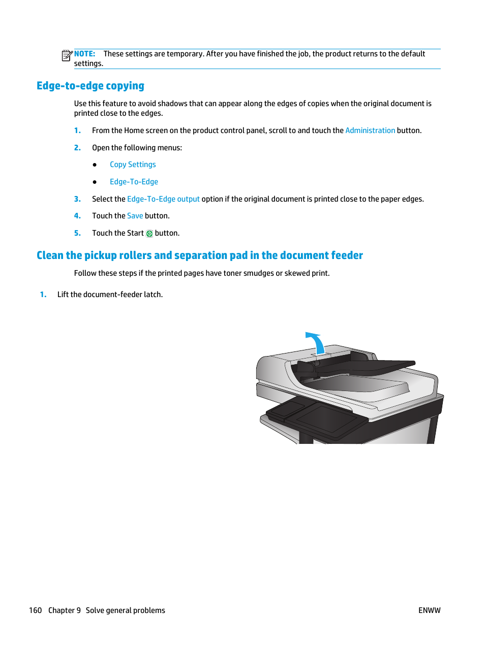 Edge-to-edge copying | HP Color LaserJet Enterprise Multifunction M680 Printer series User Manual | Page 172 / 198