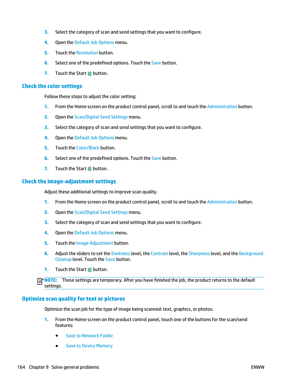 Check the color settings, Check the image-adjustment settings, Optimize scan quality for text or pictures | HP Color LaserJet Enterprise Multifunction M680 Printer series User Manual | Page 176 / 198