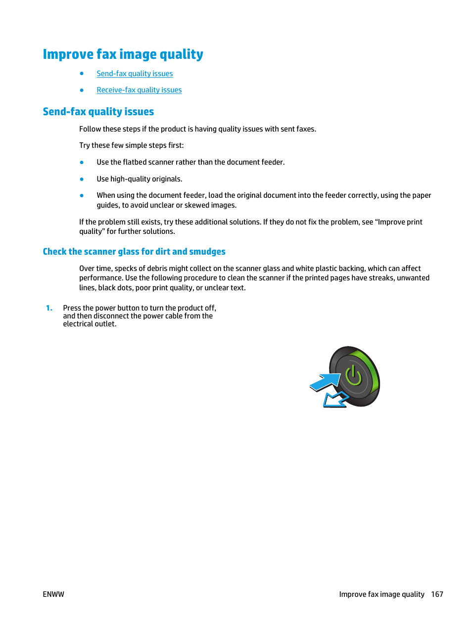 Improve fax image quality, Send-fax quality issues, Check the scanner glass for dirt and smudges | HP Color LaserJet Enterprise Multifunction M680 Printer series User Manual | Page 179 / 198