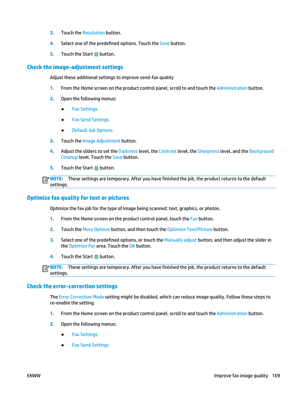 Check the image-adjustment settings, Optimize fax quality for text or pictures, Check the error-correction settings | HP Color LaserJet Enterprise Multifunction M680 Printer series User Manual | Page 181 / 198