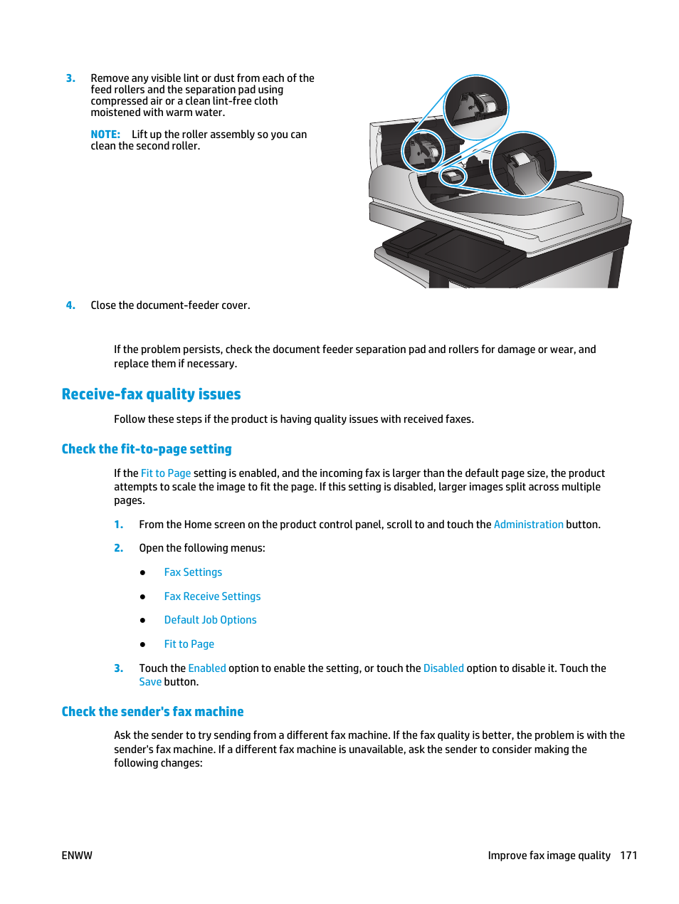 Receive-fax quality issues, Check the sender's fax machine | HP Color LaserJet Enterprise Multifunction M680 Printer series User Manual | Page 183 / 198