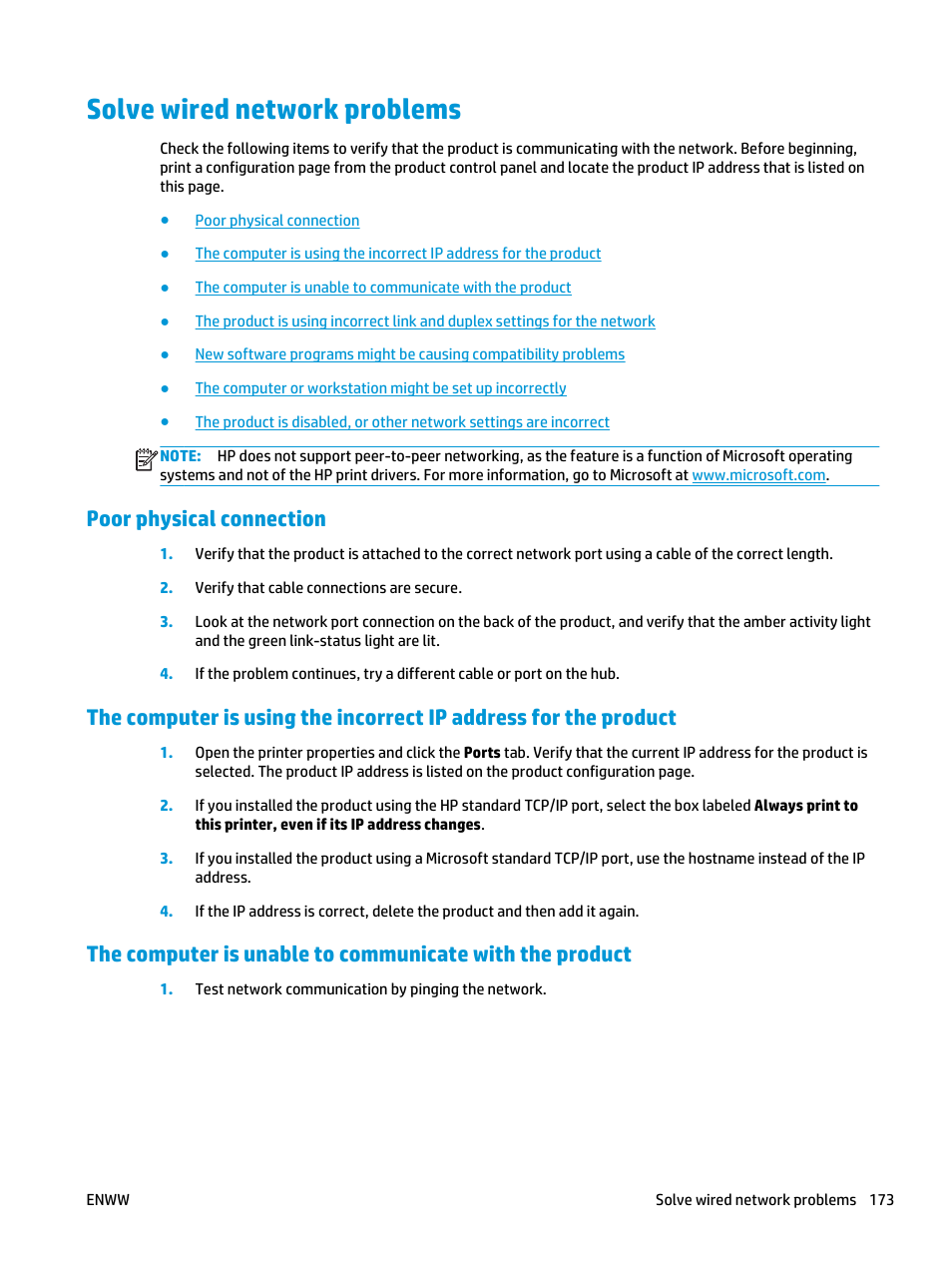 Solve wired network problems, Poor physical connection | HP Color LaserJet Enterprise Multifunction M680 Printer series User Manual | Page 185 / 198