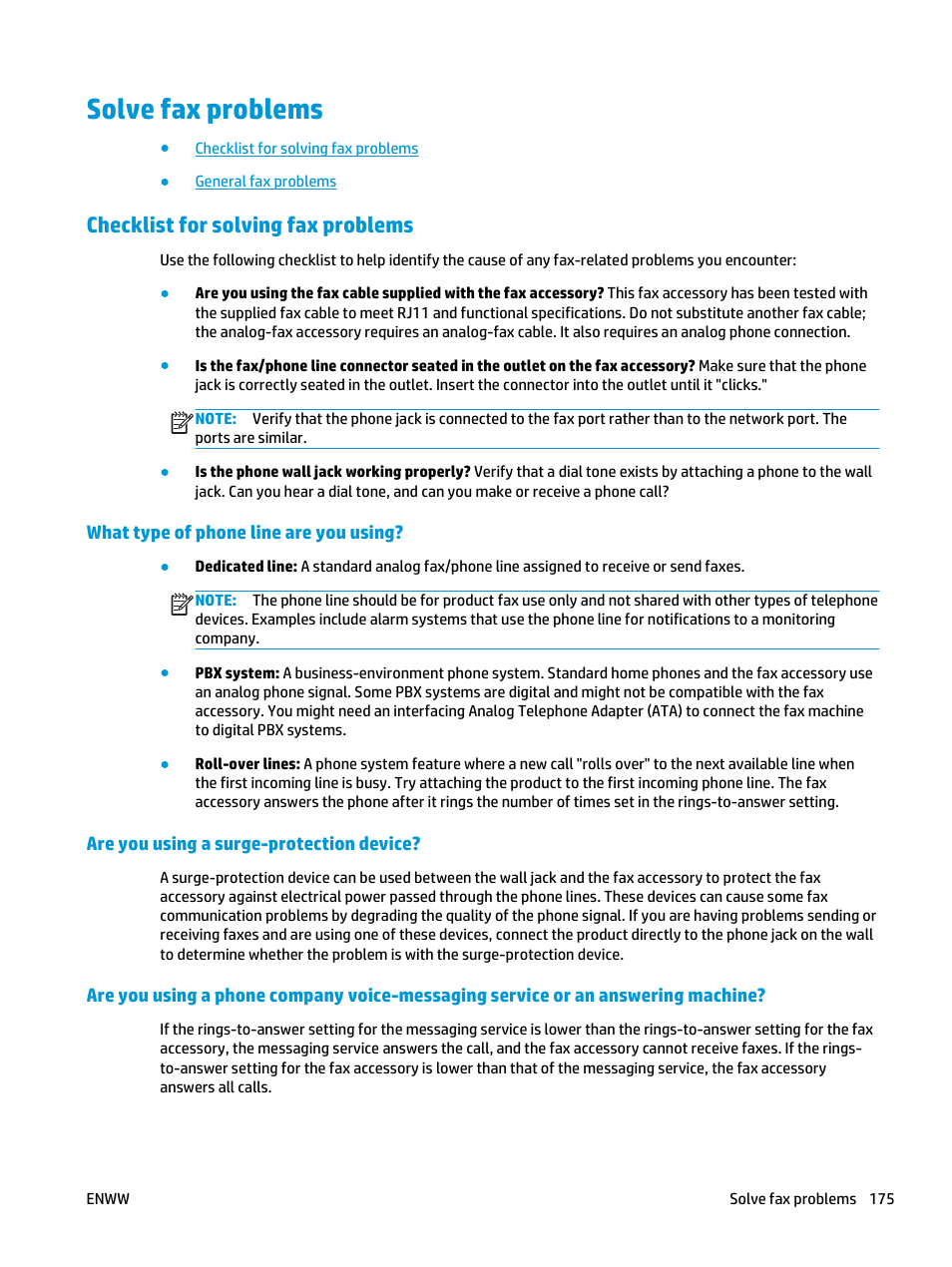 Solve fax problems, Checklist for solving fax problems, What type of phone line are you using | Are you using a surge-protection device | HP Color LaserJet Enterprise Multifunction M680 Printer series User Manual | Page 187 / 198