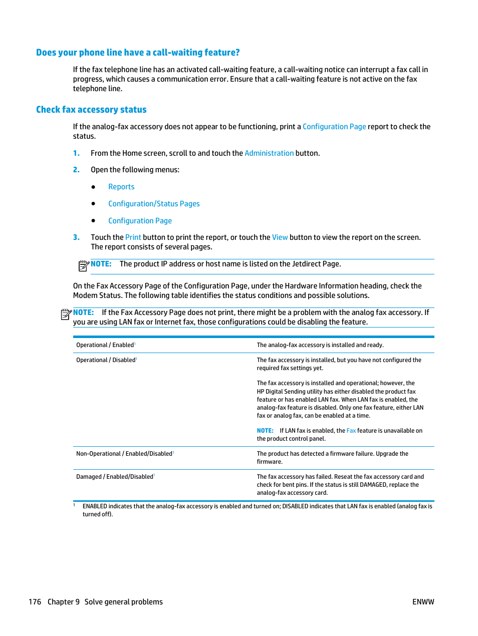 Does your phone line have a call-waiting feature, Check fax accessory status | HP Color LaserJet Enterprise Multifunction M680 Printer series User Manual | Page 188 / 198