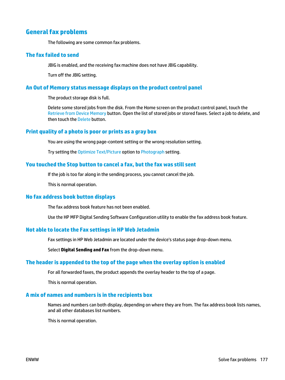 General fax problems, The fax failed to send, No fax address book button displays | HP Color LaserJet Enterprise Multifunction M680 Printer series User Manual | Page 189 / 198