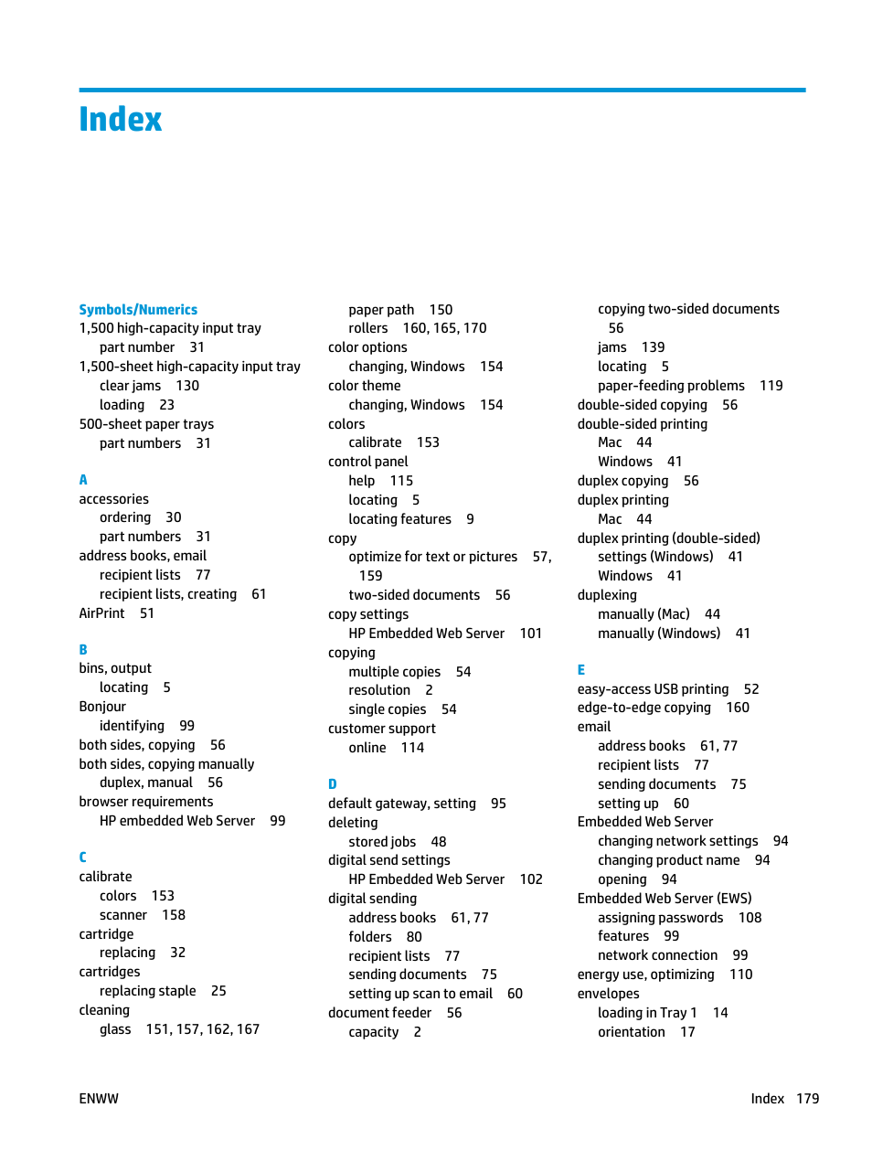 Index | HP Color LaserJet Enterprise Multifunction M680 Printer series User Manual | Page 191 / 198