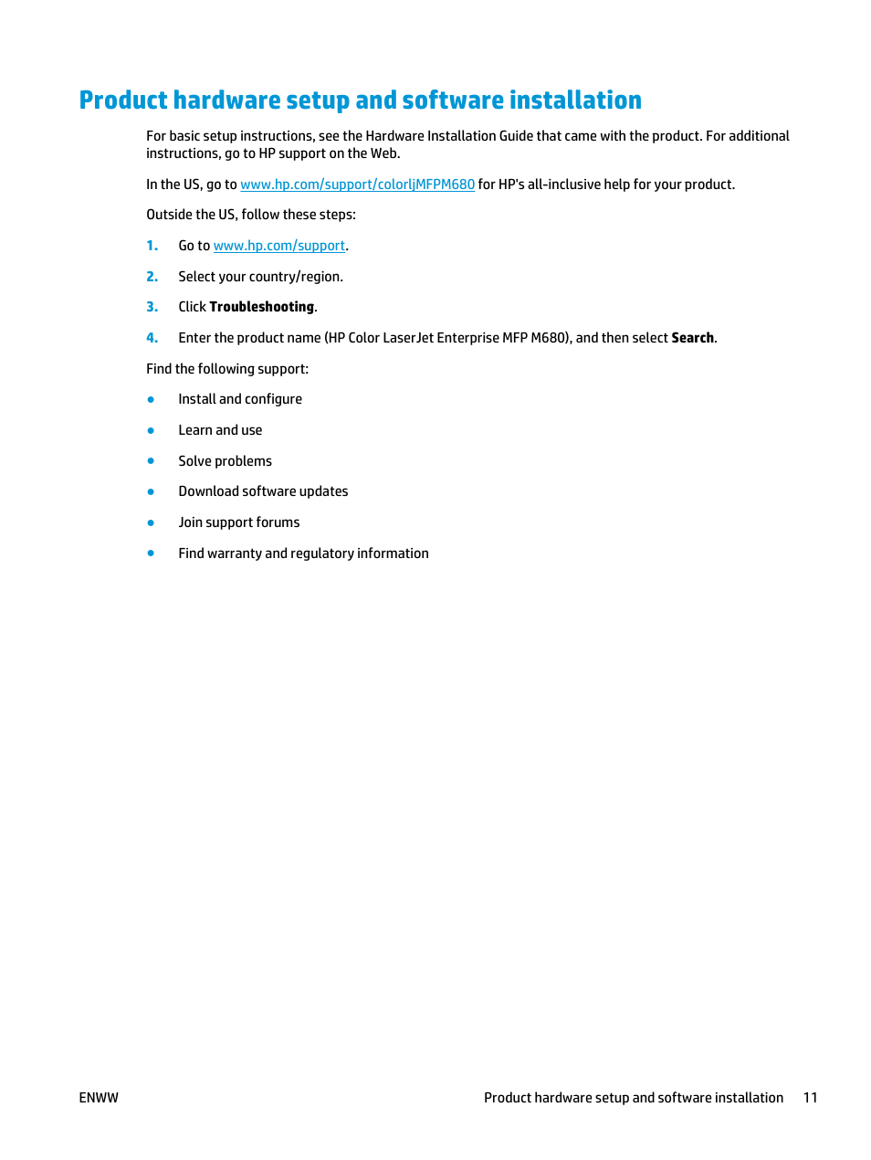 Product hardware setup and software installation | HP Color LaserJet Enterprise Multifunction M680 Printer series User Manual | Page 23 / 198