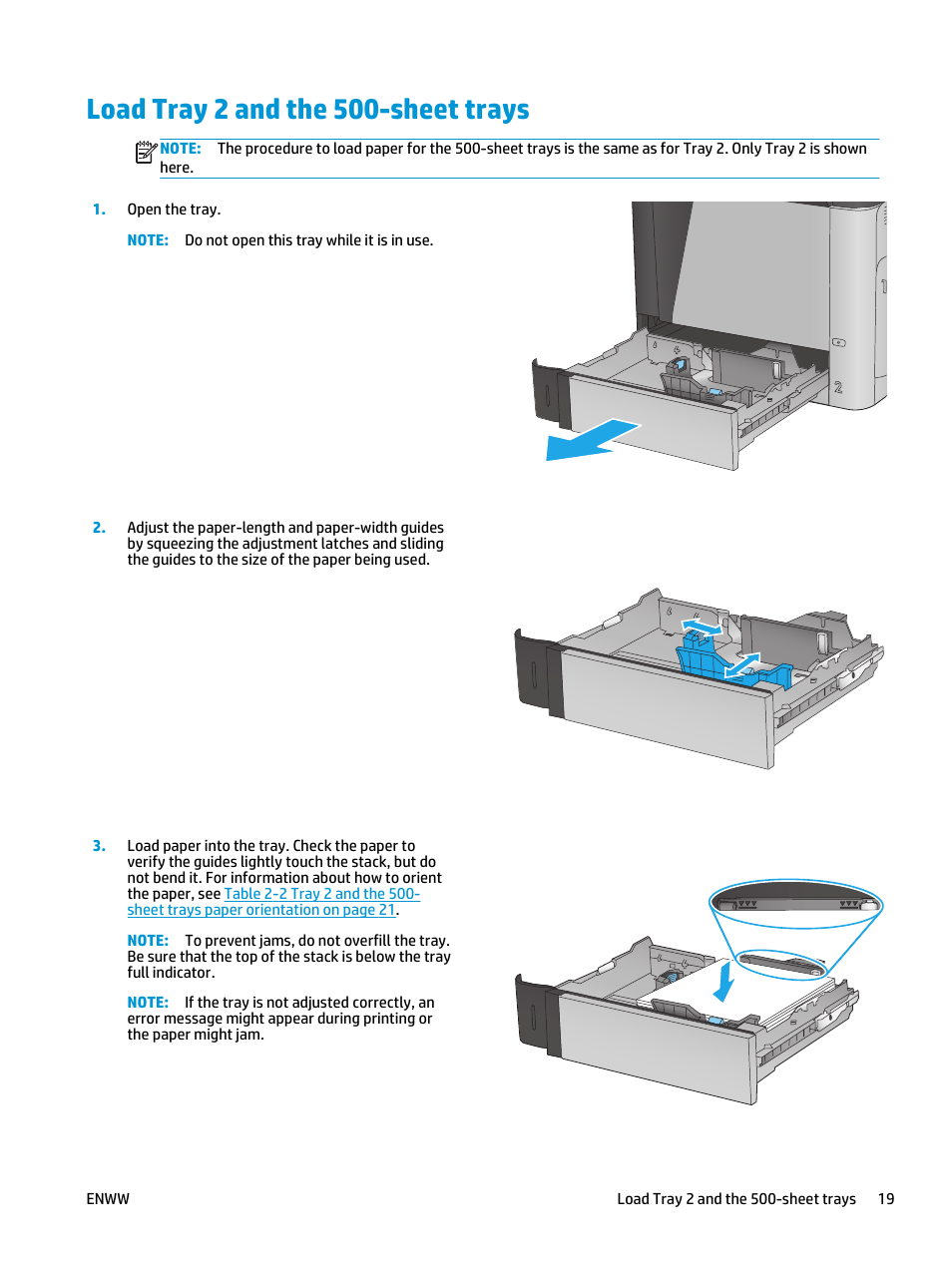 Load tray 2 and the 500-sheet trays | HP Color LaserJet Enterprise Multifunction M680 Printer series User Manual | Page 31 / 198