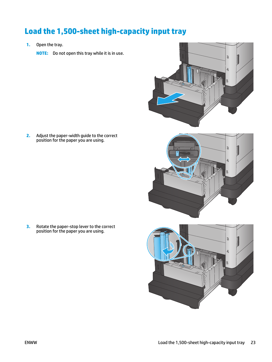 Load the 1,500-sheet high-capacity input tray | HP Color LaserJet Enterprise Multifunction M680 Printer series User Manual | Page 35 / 198