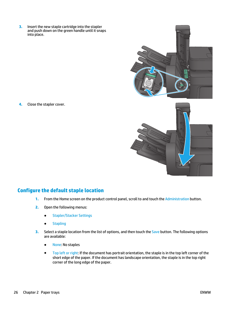 Configure the default staple location | HP Color LaserJet Enterprise Multifunction M680 Printer series User Manual | Page 38 / 198