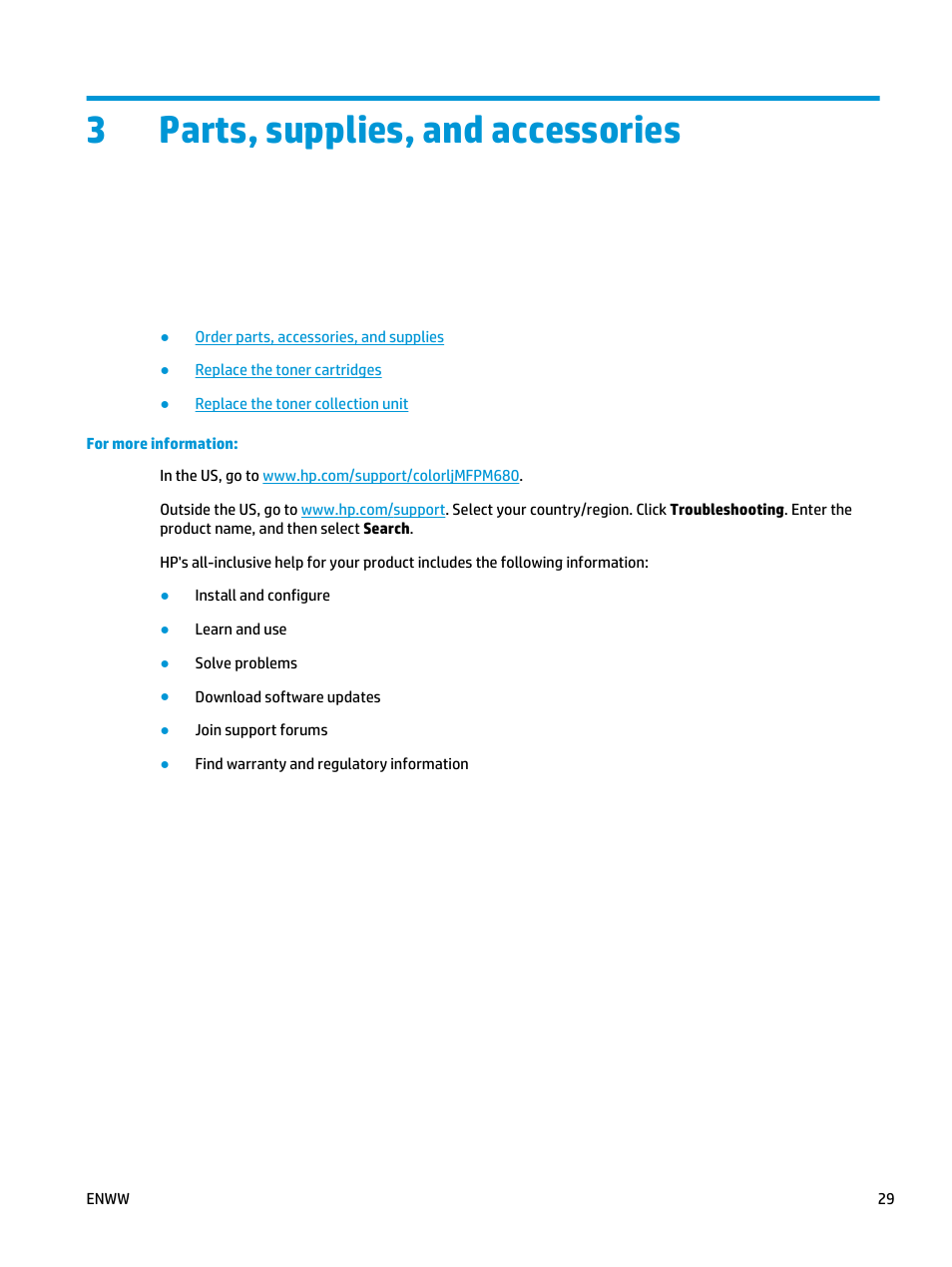 Parts, supplies, and accessories, 3 parts, supplies, and accessories, 3parts, supplies, and accessories | HP Color LaserJet Enterprise Multifunction M680 Printer series User Manual | Page 41 / 198