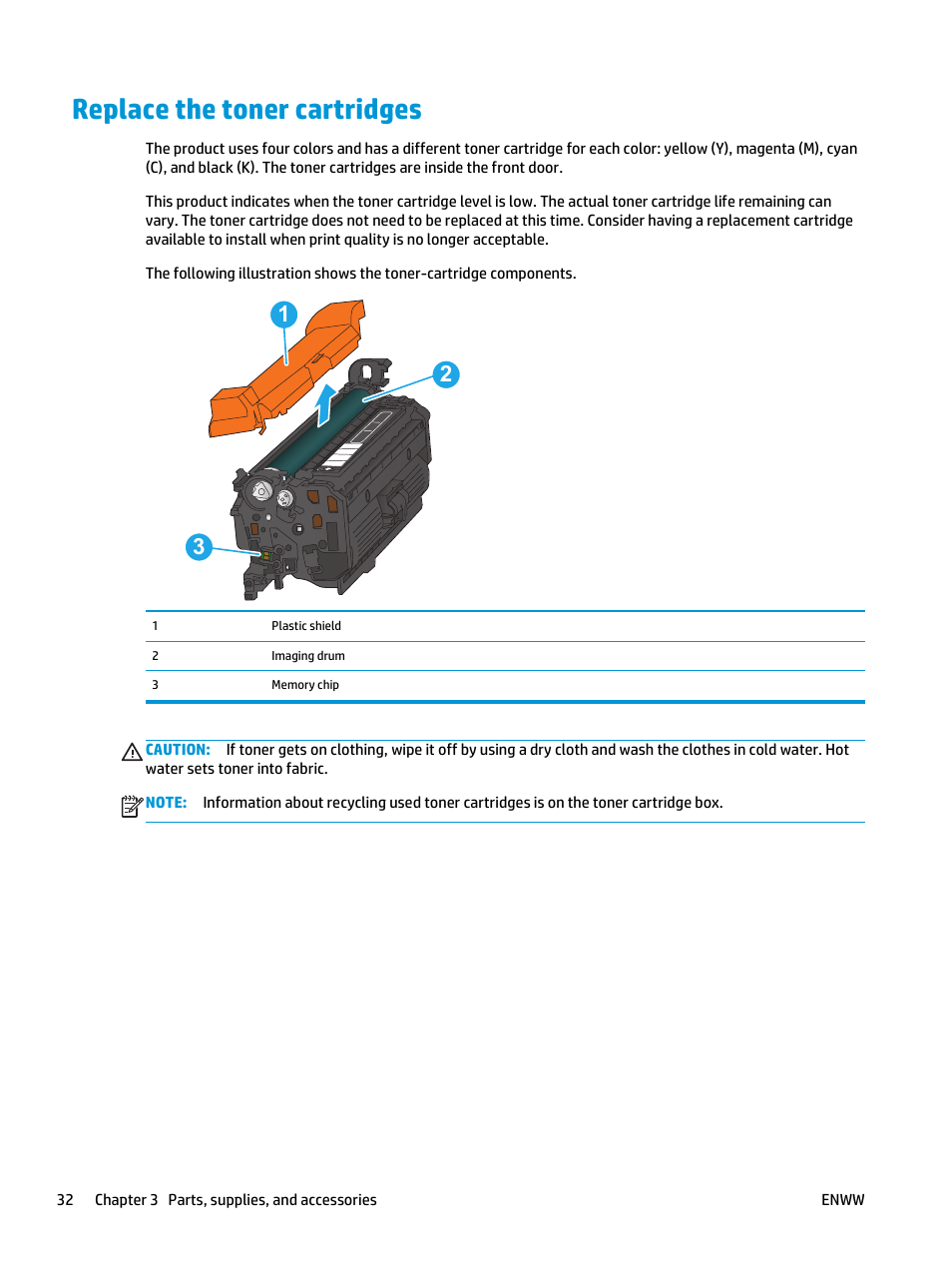 Replace the toner cartridges | HP Color LaserJet Enterprise Multifunction M680 Printer series User Manual | Page 44 / 198