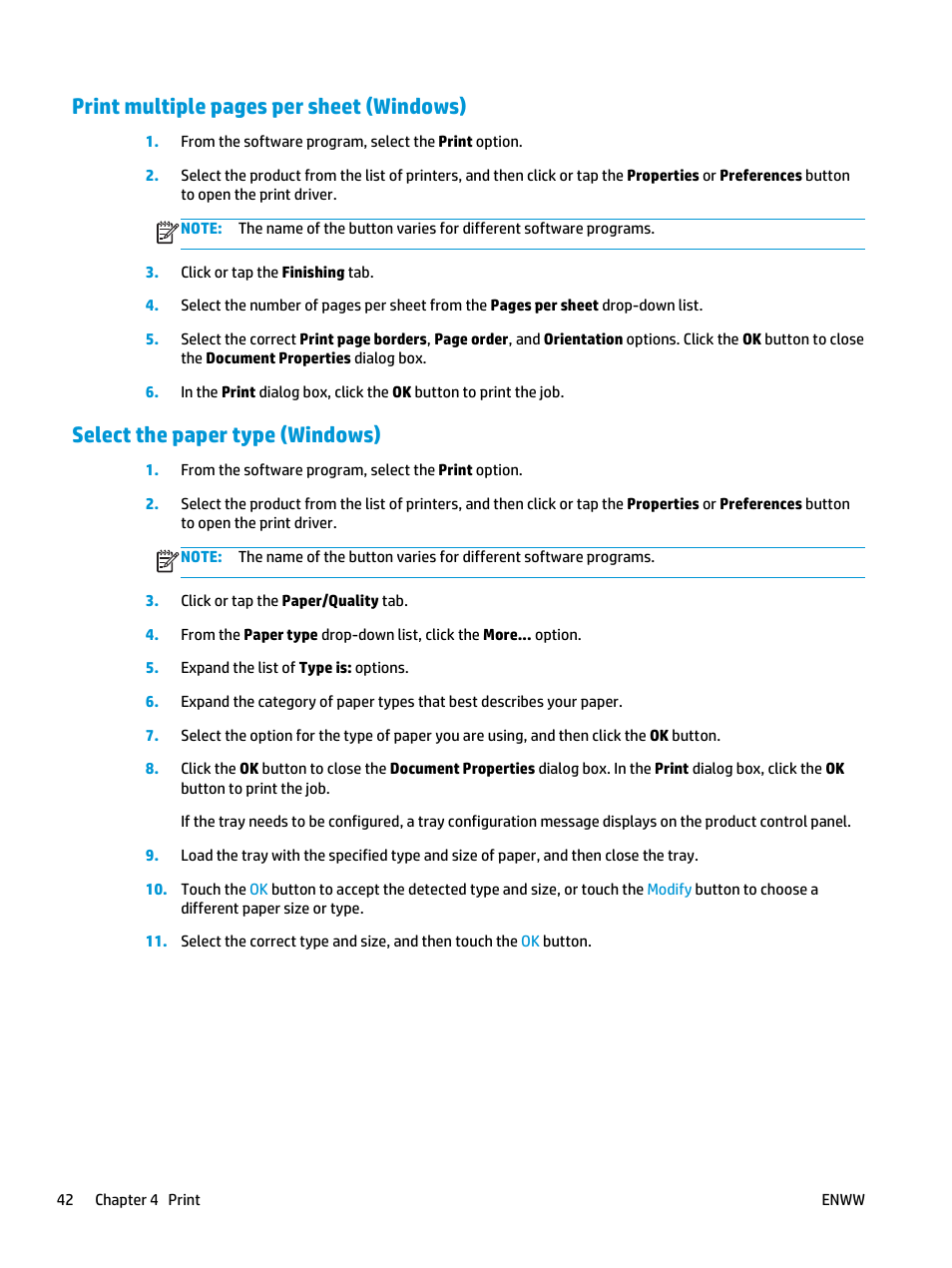 Select the paper type (windows), Print multiple pages per sheet (windows) | HP Color LaserJet Enterprise Multifunction M680 Printer series User Manual | Page 54 / 198