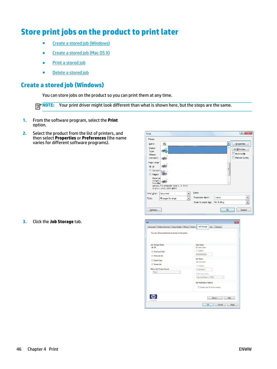 Store print jobs on the product to print later, Create a stored job (windows) | HP Color LaserJet Enterprise Multifunction M680 Printer series User Manual | Page 58 / 198