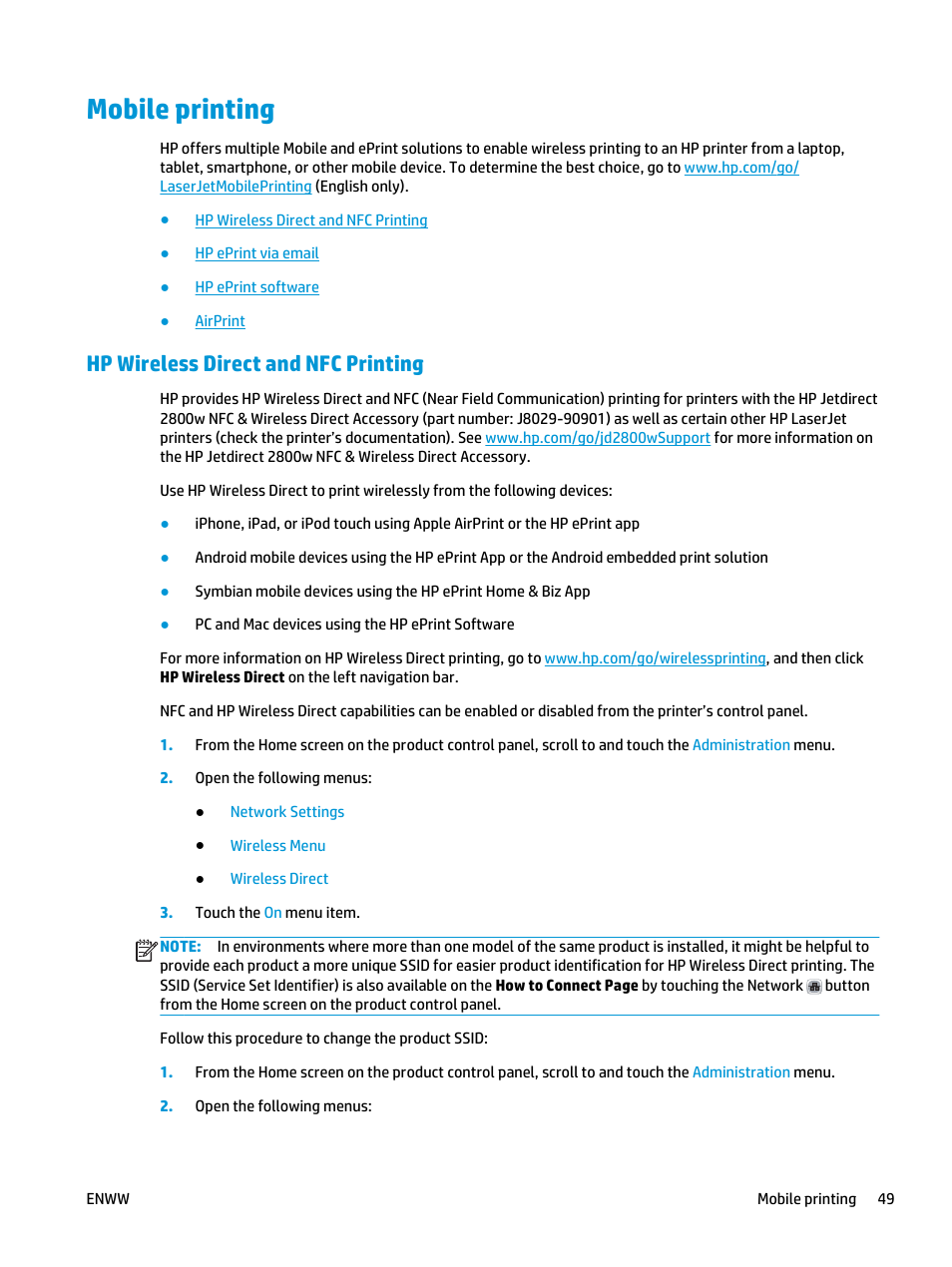 Mobile printing, Hp wireless direct and nfc printing | HP Color LaserJet Enterprise Multifunction M680 Printer series User Manual | Page 61 / 198