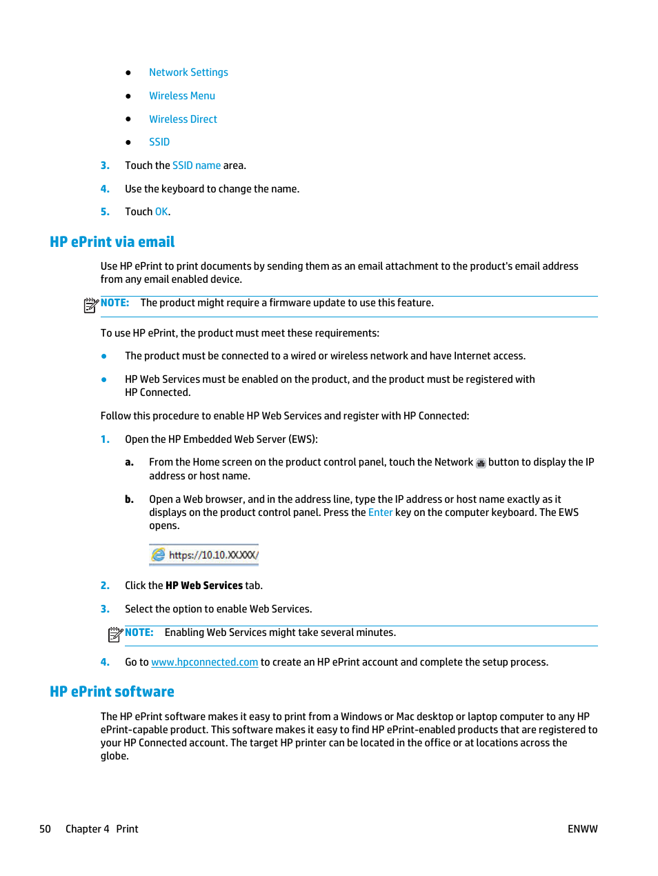 Hp eprint via email, Hp eprint software, Hp eprint via email hp eprint software | HP Color LaserJet Enterprise Multifunction M680 Printer series User Manual | Page 62 / 198