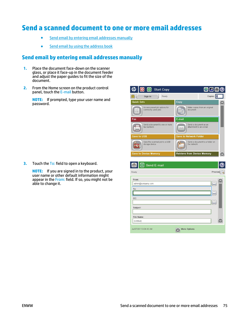 Send email by entering email addresses manually | HP Color LaserJet Enterprise Multifunction M680 Printer series User Manual | Page 87 / 198