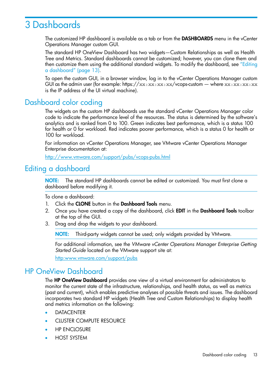 3 dashboards, Dashboard color coding, Editing a dashboard | Hp oneview dashboard | HP OneView for VMware vCenter User Manual | Page 13 / 25