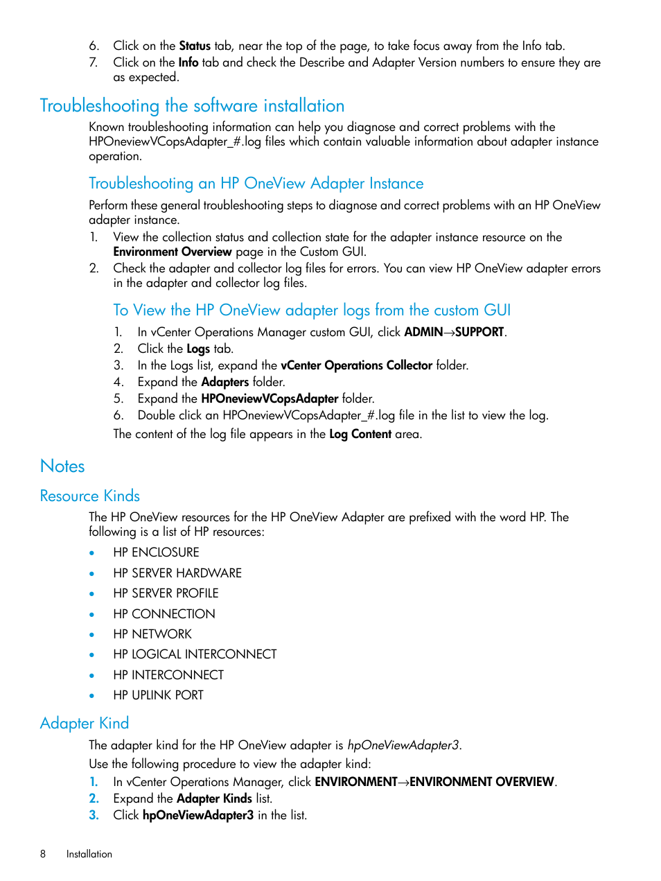Troubleshooting the software installation, Notes, Resource kinds | Adapter kind, Troubleshooting the software installation notes, Resource kinds adapter kind, Troubleshooting an hp oneview adapter instance | HP OneView for VMware vCenter User Manual | Page 8 / 25