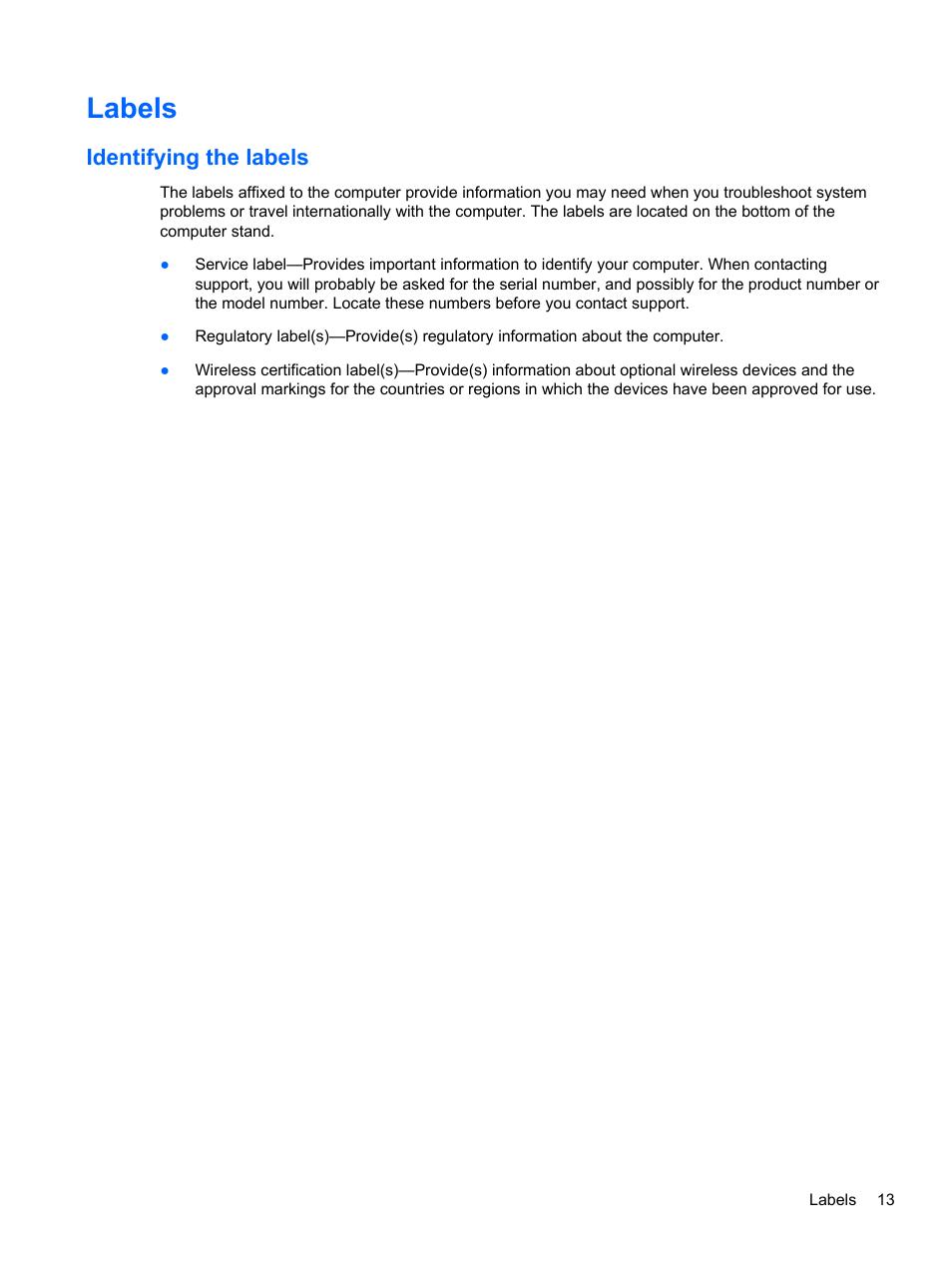 Labels, Identifying the labels | HP ENVY Recline 23-k119c TouchSmart All-in-One Desktop PC User Manual | Page 19 / 79