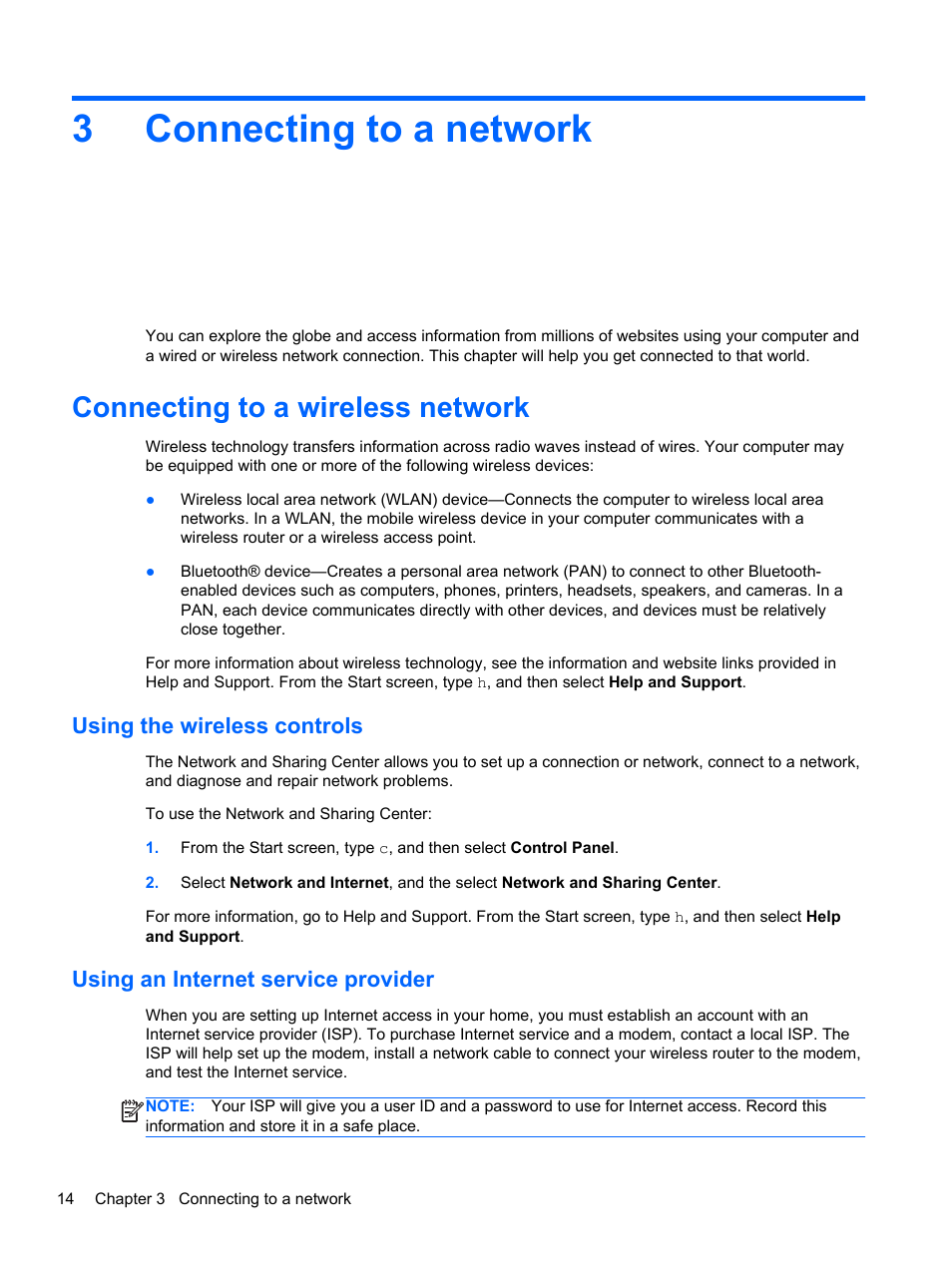 Connecting to a network, Connecting to a wireless network, Using the wireless controls | Using an internet service provider, 3 connecting to a network, Connecting, 3connecting to a network | HP ENVY Recline 23-k119c TouchSmart All-in-One Desktop PC User Manual | Page 20 / 79