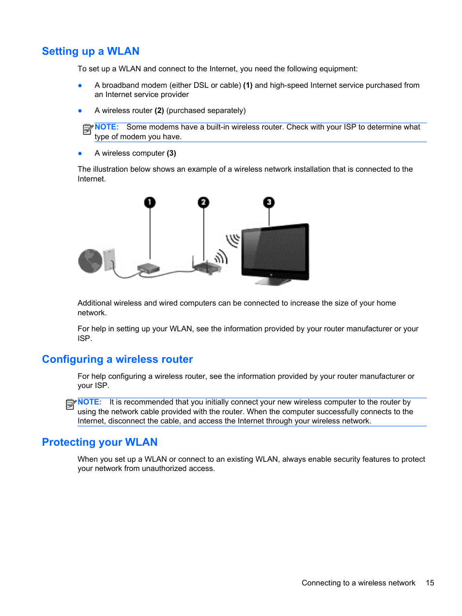 Setting up a wlan, Configuring a wireless router, Protecting your wlan | HP ENVY Recline 23-k119c TouchSmart All-in-One Desktop PC User Manual | Page 21 / 79