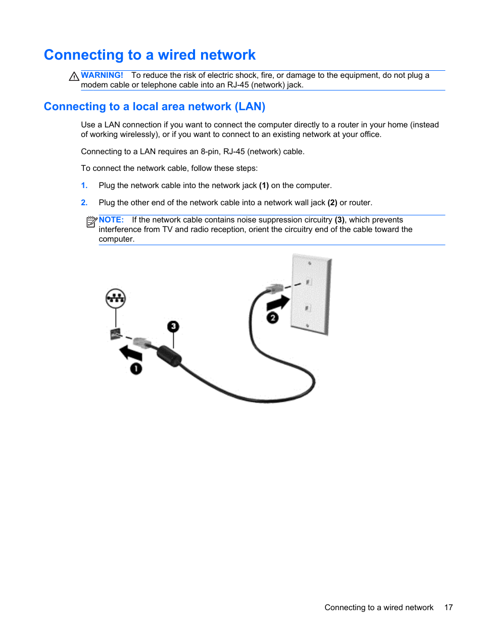 Connecting to a wired network, Connecting to a local area network (lan) | HP ENVY Recline 23-k119c TouchSmart All-in-One Desktop PC User Manual | Page 23 / 79