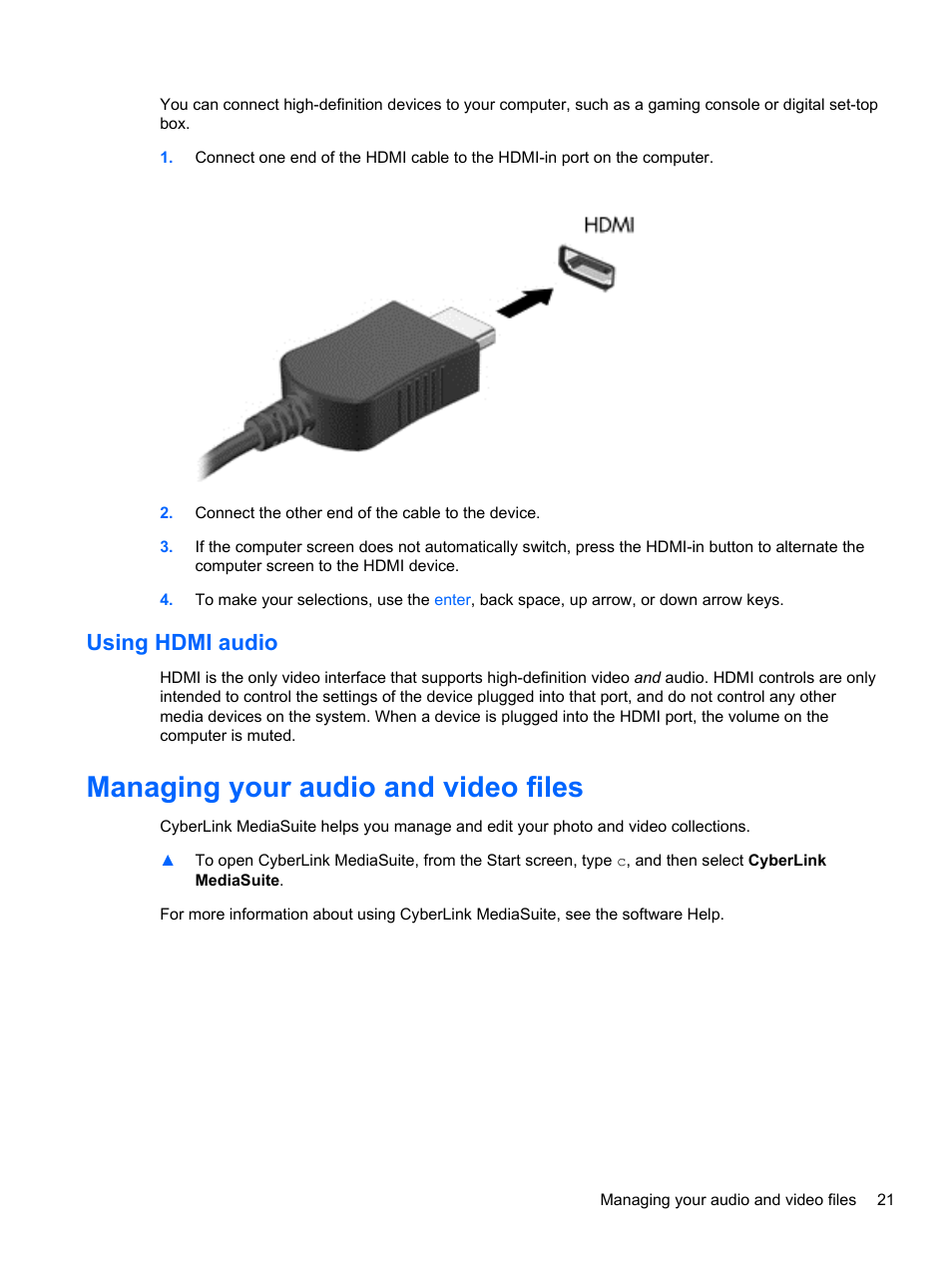 Using hdmi audio, Managing your audio and video files | HP ENVY Recline 23-k119c TouchSmart All-in-One Desktop PC User Manual | Page 27 / 79