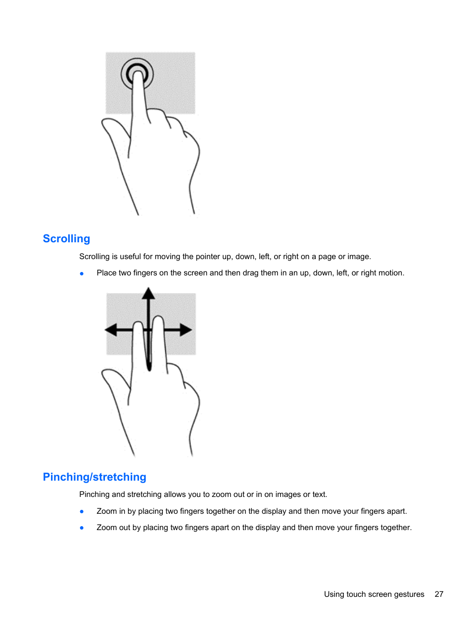 Scrolling, Pinching/stretching, Scrolling pinching/stretching | HP ENVY Recline 23-k119c TouchSmart All-in-One Desktop PC User Manual | Page 33 / 79