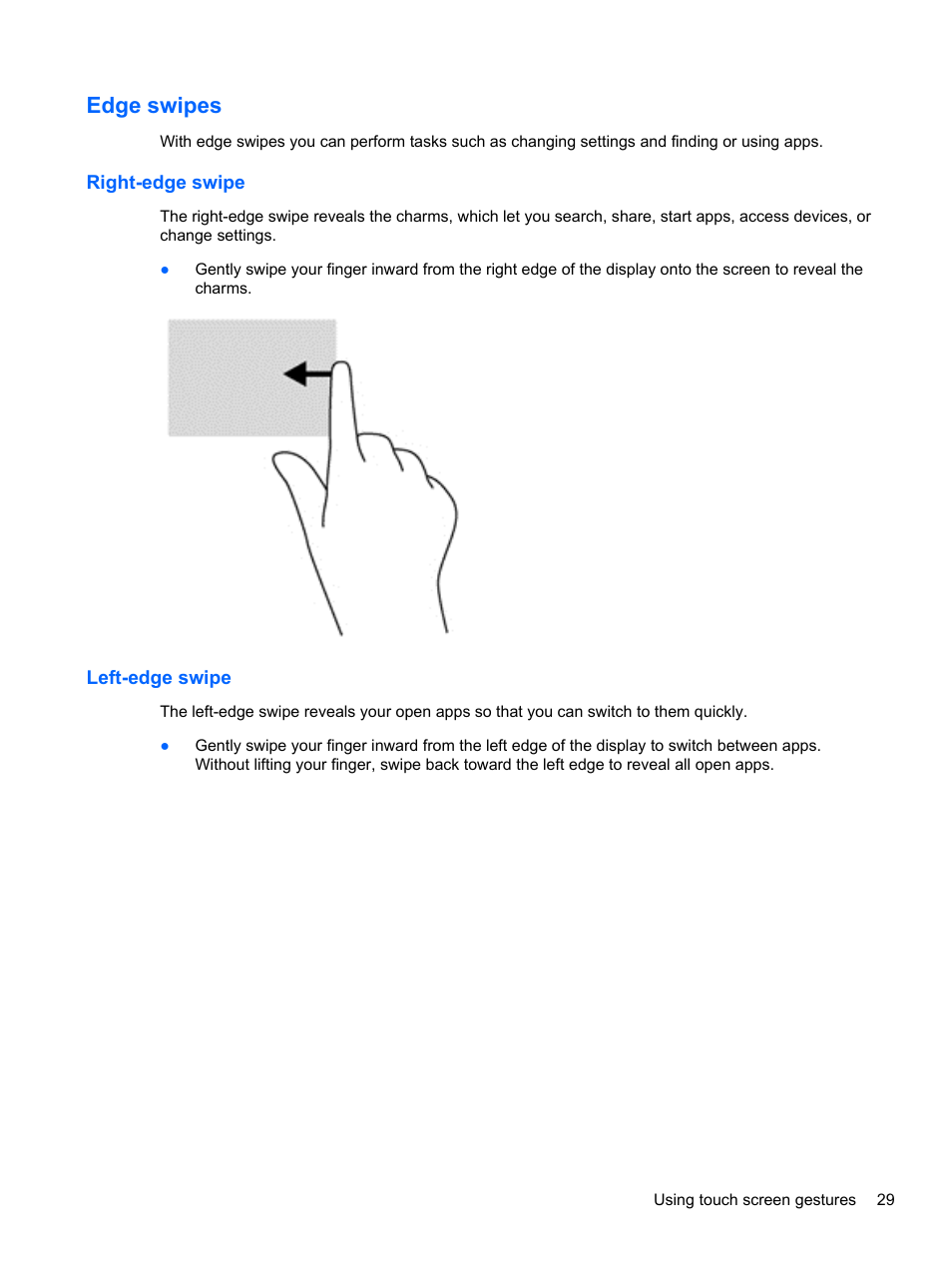 Edge swipes, Right-edge swipe, Left-edge swipe | Right-edge swipe left-edge swipe | HP ENVY Recline 23-k119c TouchSmart All-in-One Desktop PC User Manual | Page 35 / 79