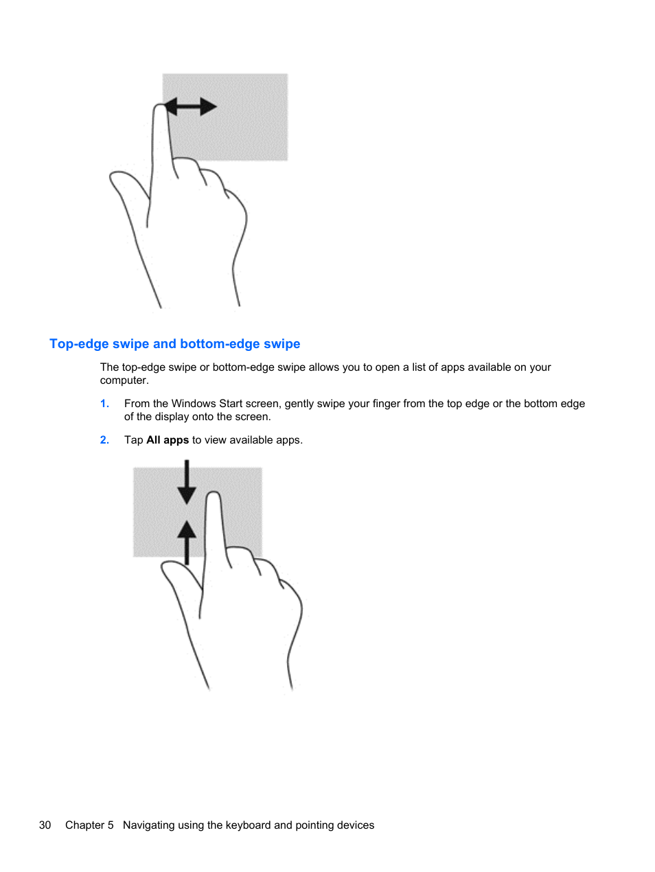 Top-edge swipe and bottom-edge swipe | HP ENVY Recline 23-k119c TouchSmart All-in-One Desktop PC User Manual | Page 36 / 79