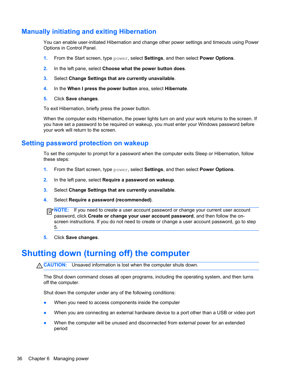 Manually initiating and exiting hibernation, Setting password protection on wakeup, Shutting down (turning off) the computer | HP ENVY Recline 23-k119c TouchSmart All-in-One Desktop PC User Manual | Page 42 / 79