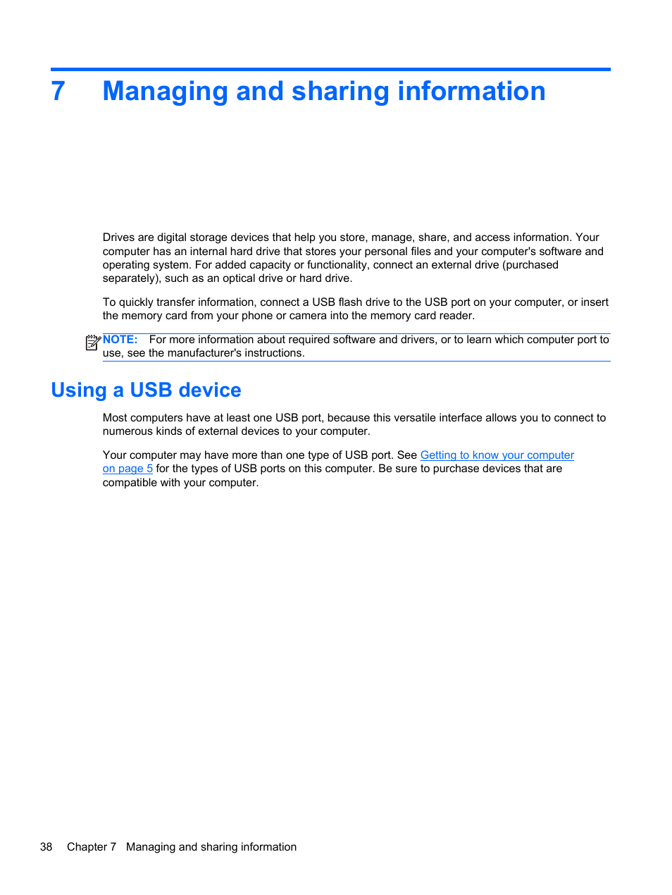 Managing and sharing information, Using a usb device, 7 managing and sharing information | 7managing and sharing information | HP ENVY Recline 23-k119c TouchSmart All-in-One Desktop PC User Manual | Page 44 / 79
